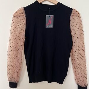 By Nancy Womens Polka Dot Sleeves Ribbed Knit Small Black Apricot Sheer New York